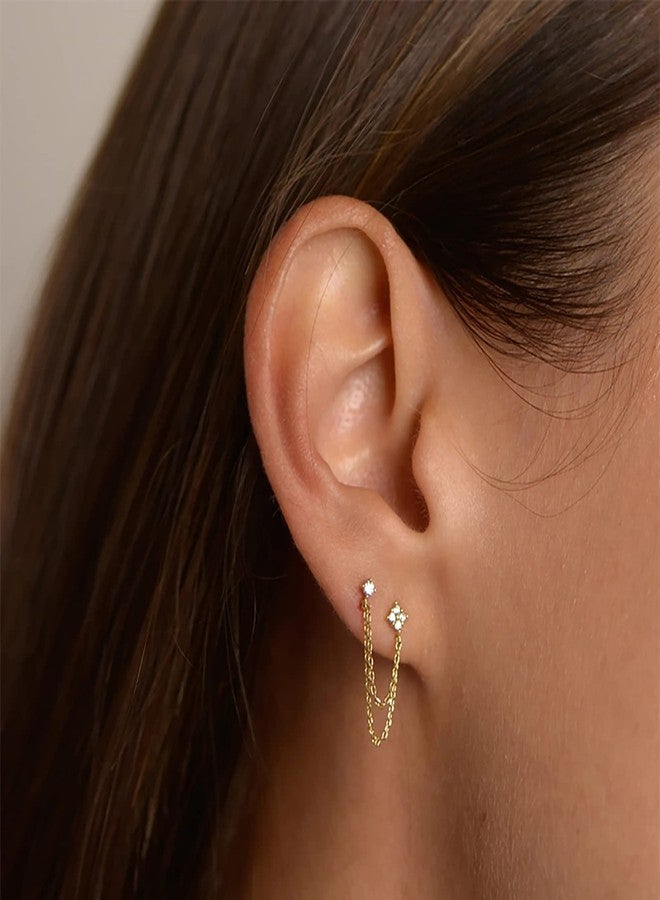 BUAEL 925 Sterling Silver Four Zircons Flower Stud Earrings For Women | Double Studs Chain Tassel Piercing Earring | Gold Plated Double Piercing Dangle Chain Earrings Jewelry Gifts for Women - Image 2